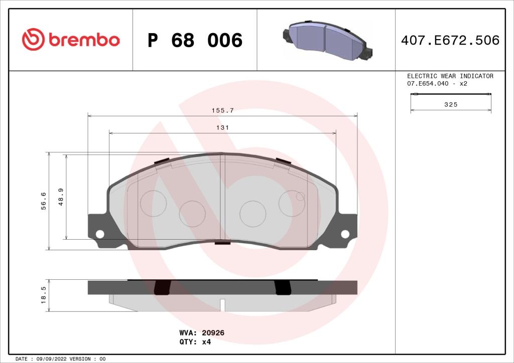 Jeu de 4 plaquettes de frein BREMBO ref. P 68 006