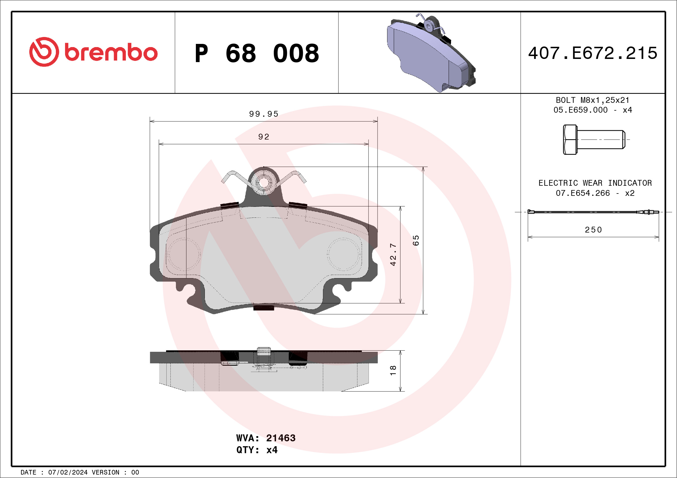 Jeu de 4 plaquettes de frein BREMBO ref. P 68 008