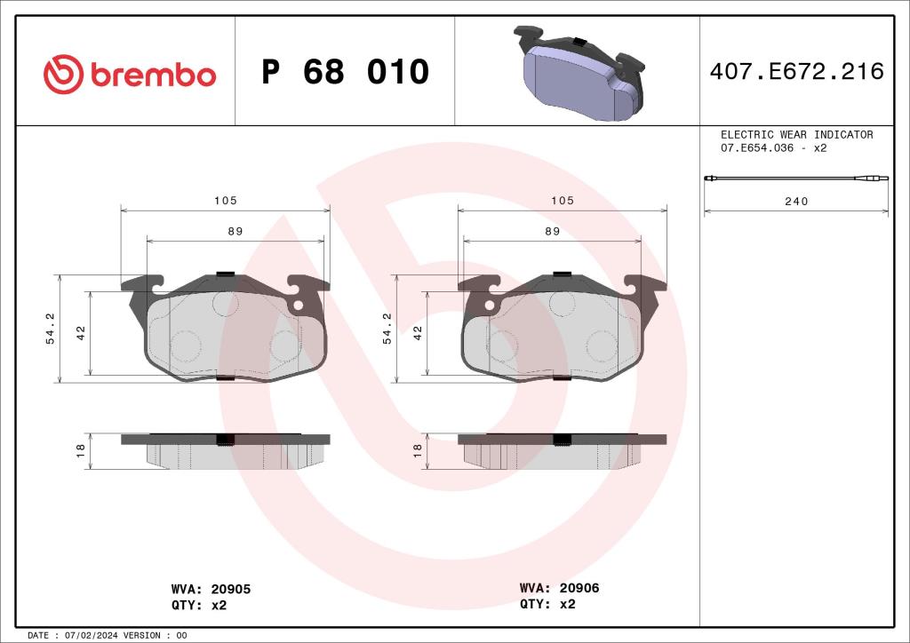Jeu de 4 plaquettes de frein BREMBO ref. P 68 010