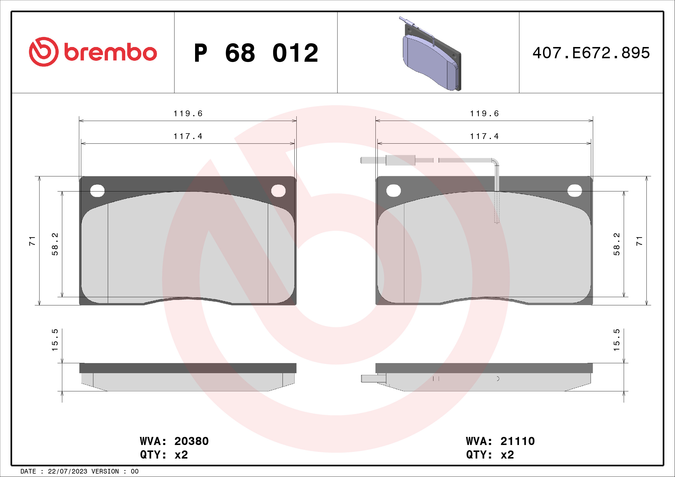 Jogo de 4 pastilhas de travão BREMBO ref. P 68 012