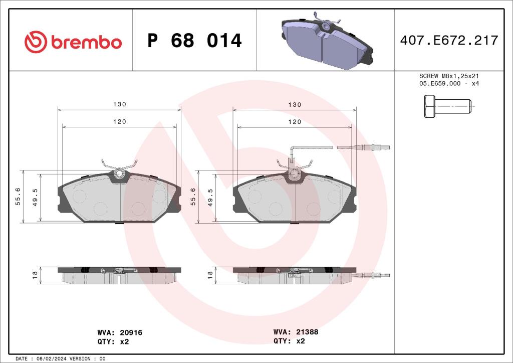 Jogo de 4 pastilhas de travão BREMBO ref. P 68 014