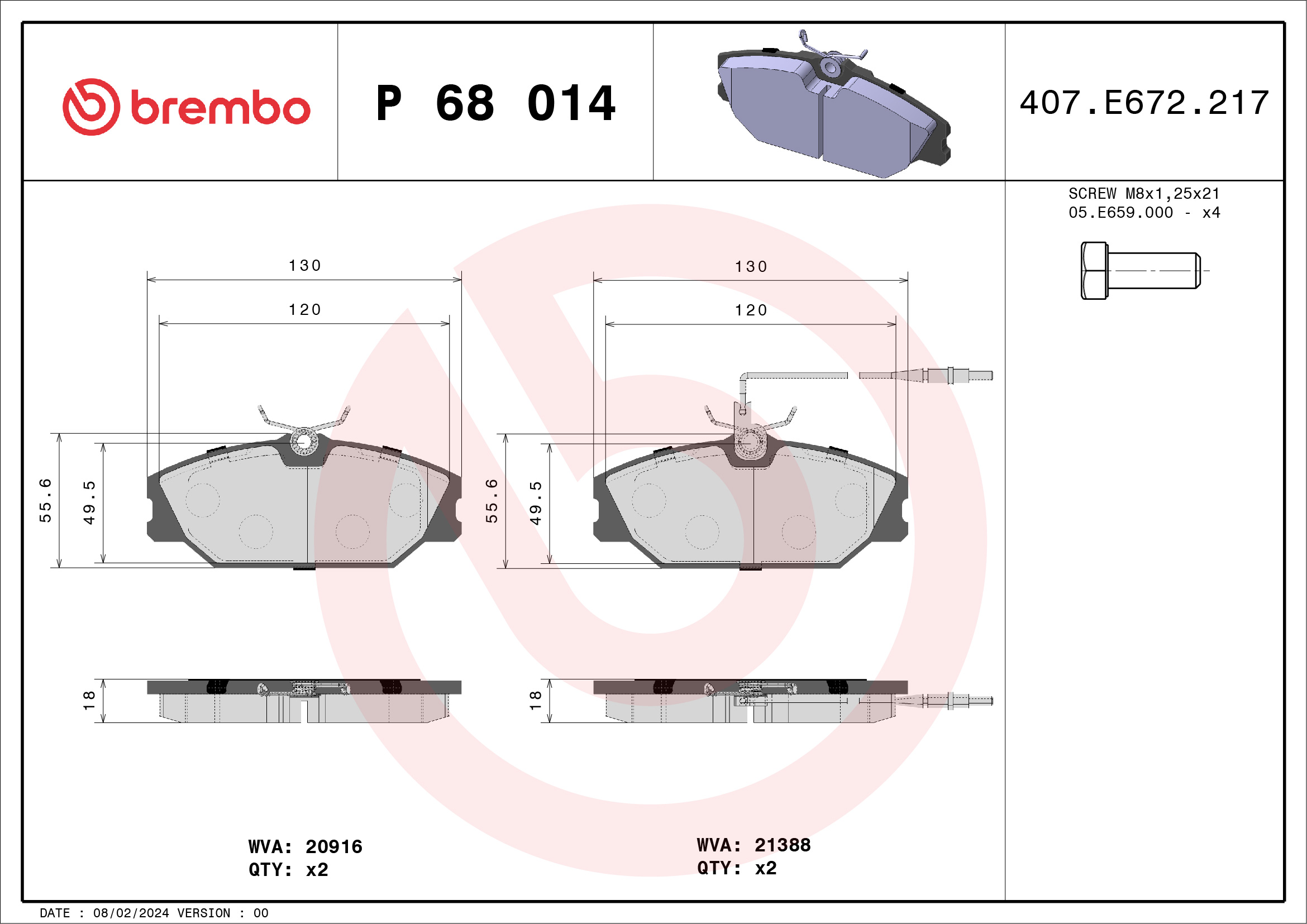 Jogo de 4 pastilhas de travão BREMBO ref. P 68 014
