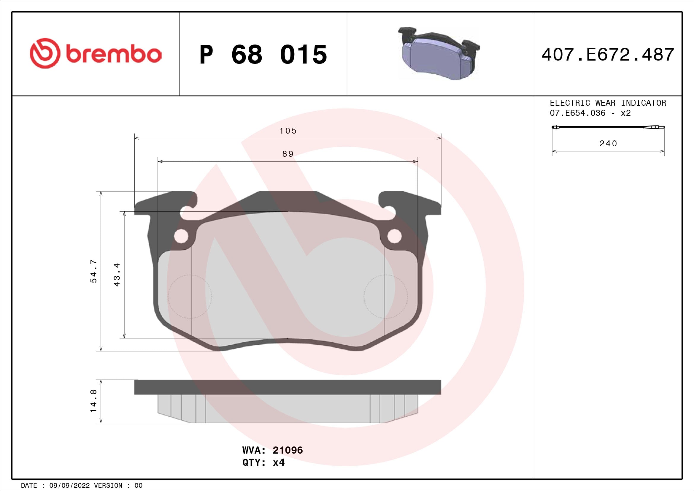 Jogo de 4 pastilhas de travão BREMBO ref. P 68 015