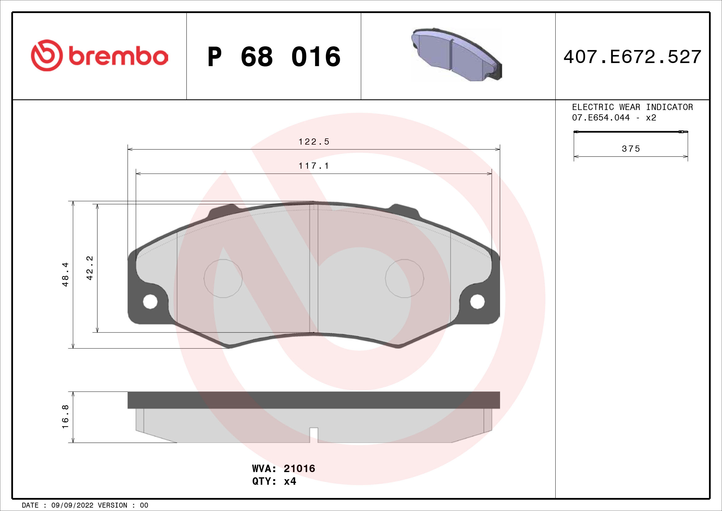 Jogo de 4 pastilhas de travão BREMBO ref. P 68 016