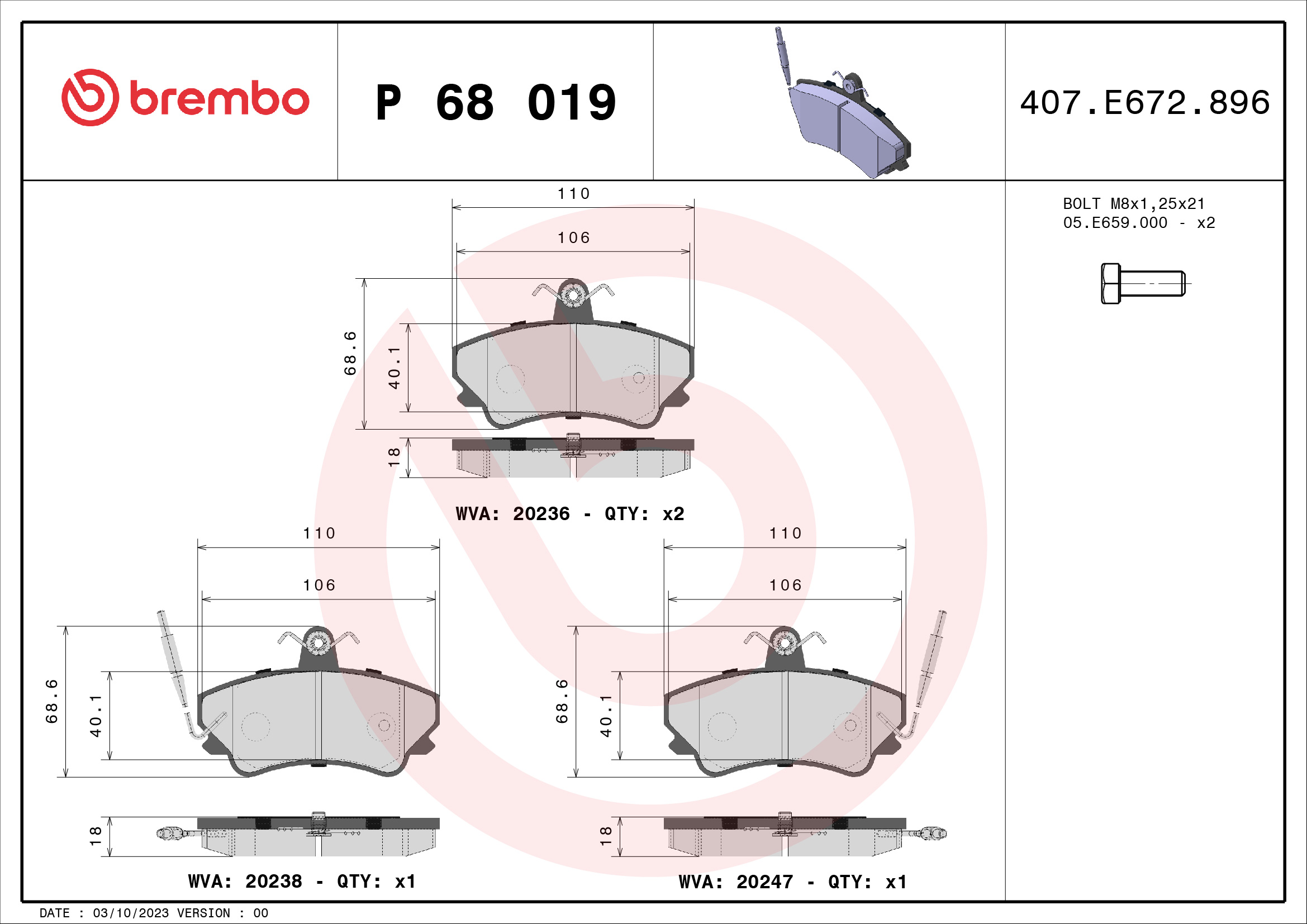 Jogo de 4 pastilhas de travão BREMBO ref. P 68 019