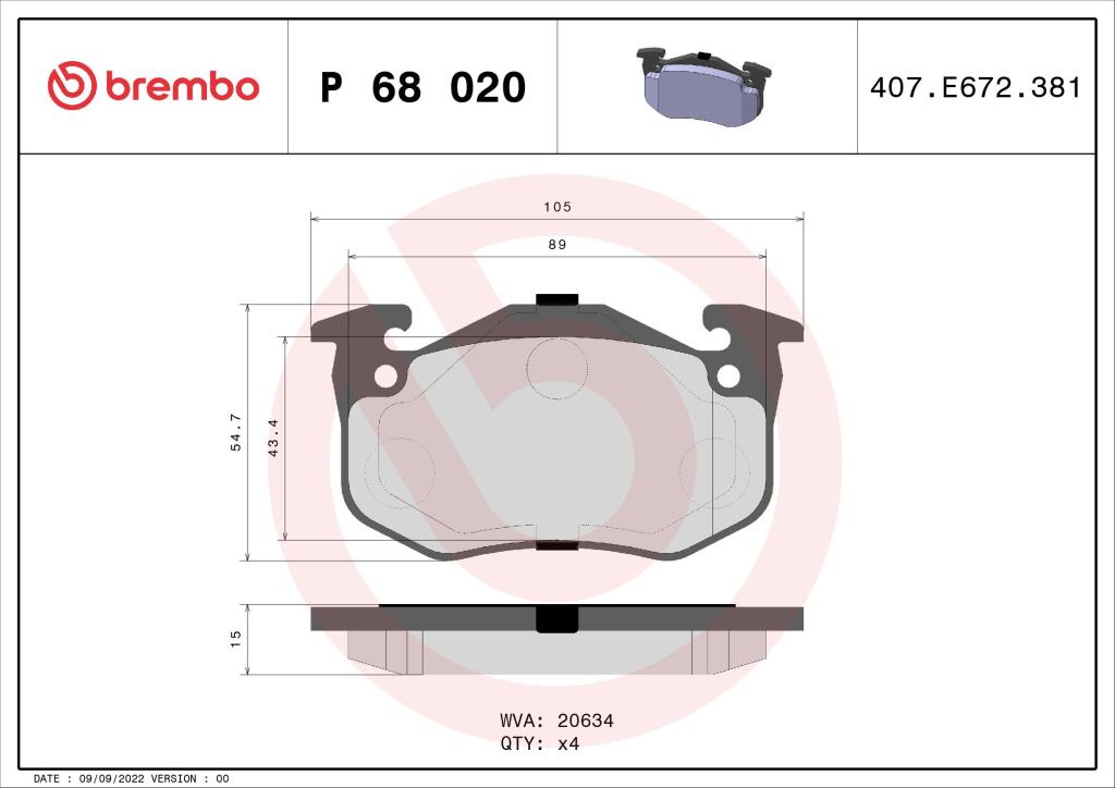 Jogo de 4 pastilhas de travão BREMBO ref. P 68 020