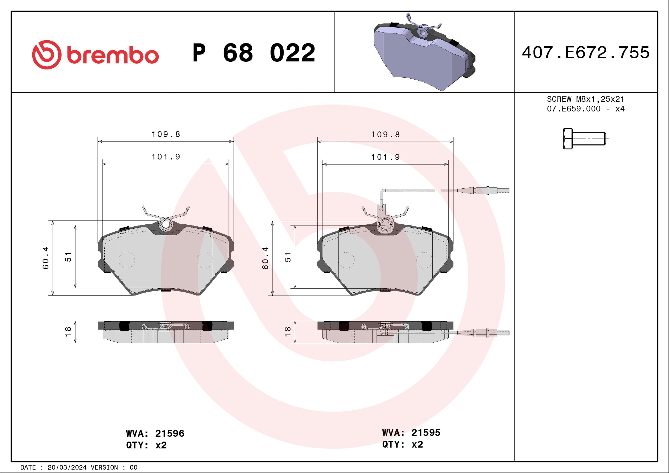Jeu de 4 plaquettes de frein BREMBO ref. P 68 022