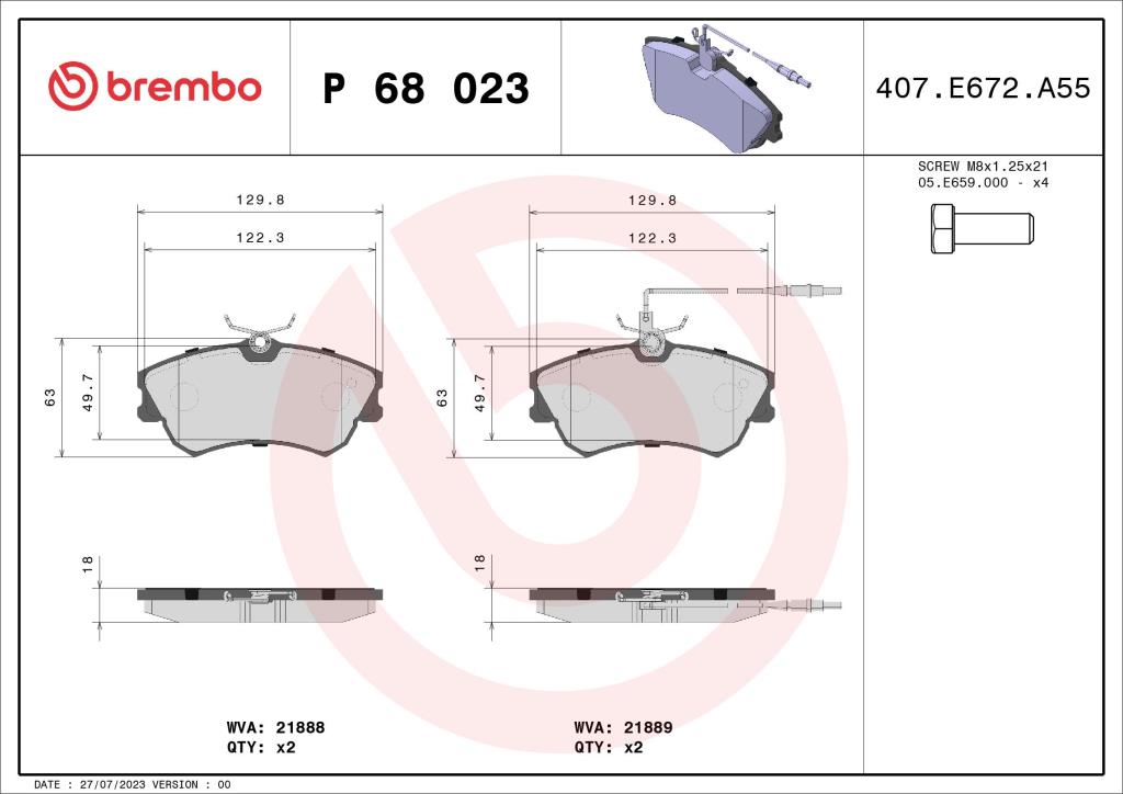 Jogo de 4 pastilhas de travão BREMBO ref. P 68 023