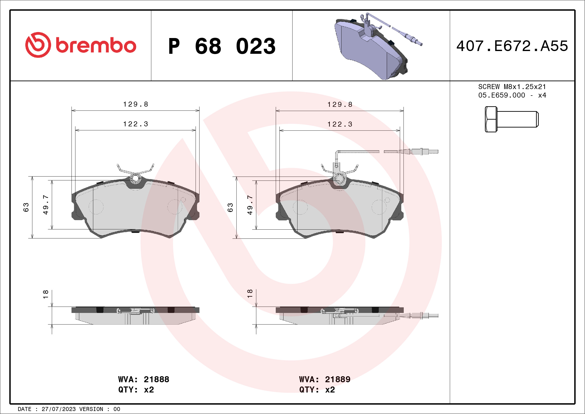 Jogo de 4 pastilhas de travão BREMBO ref. P 68 023