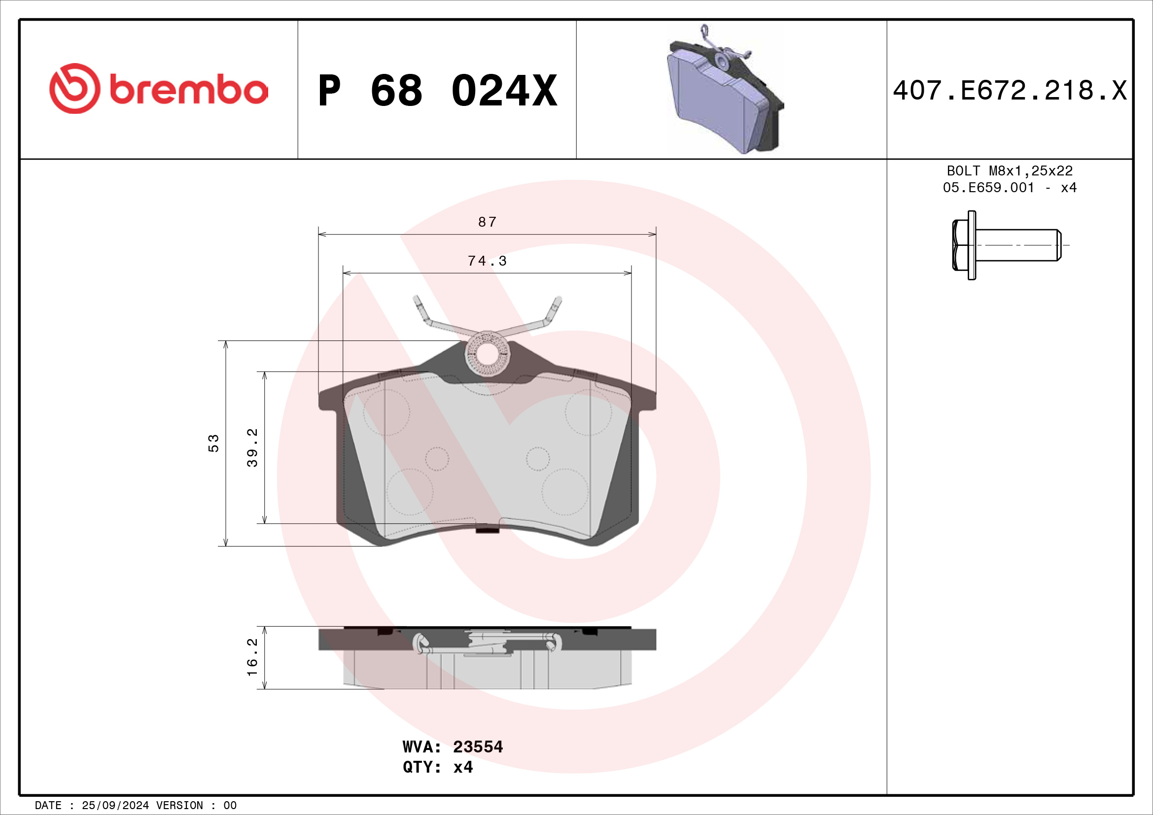 Jogo de 4 pastilhas de travão BREMBO ref. P 68 024X
