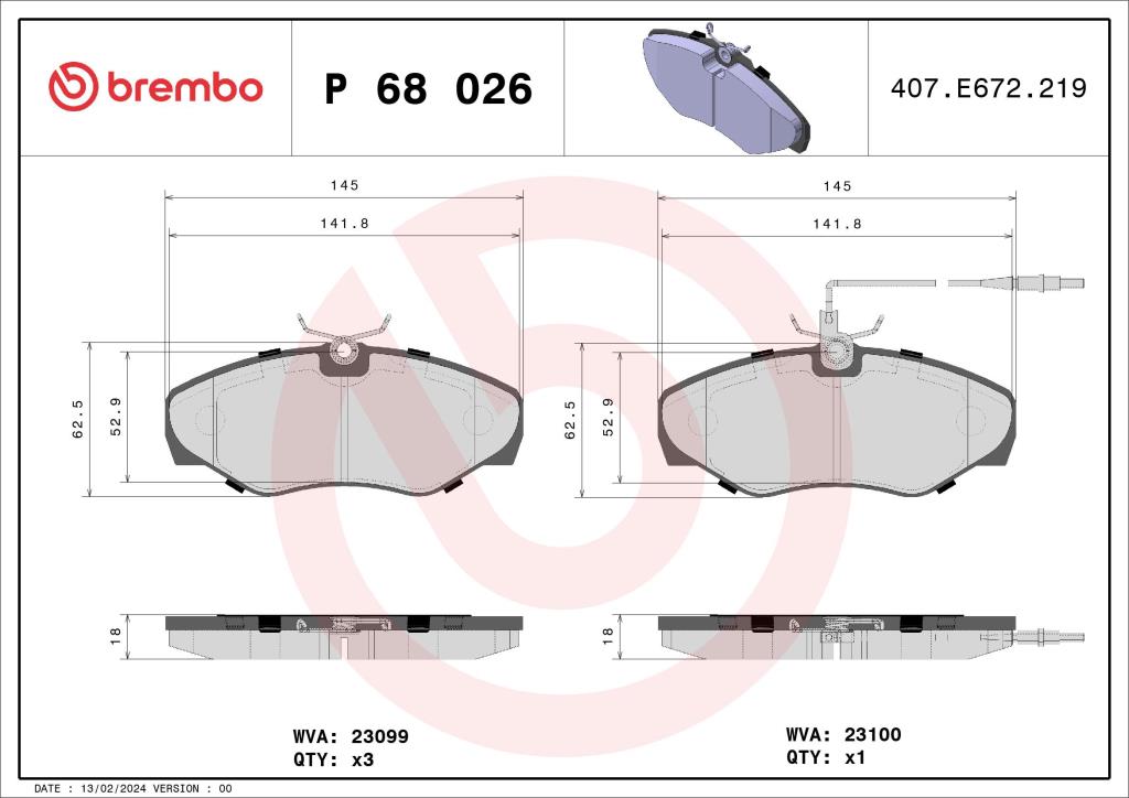 Jogo de 4 pastilhas de travão BREMBO ref. P 68 026