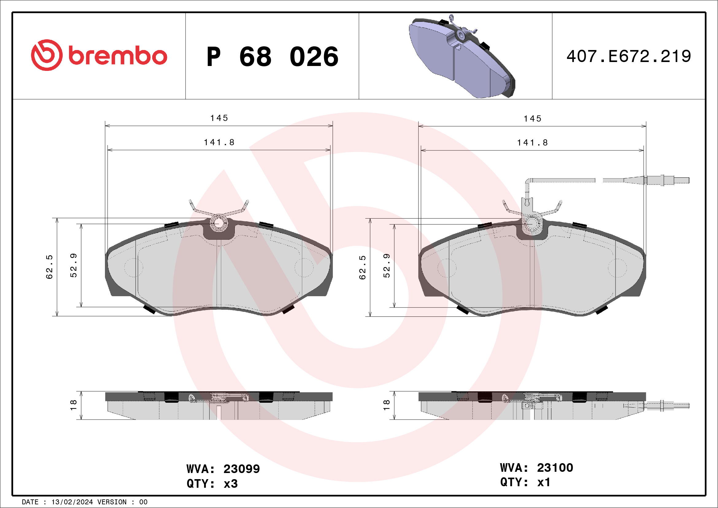 Jogo de 4 pastilhas de travão BREMBO ref. P 68 026