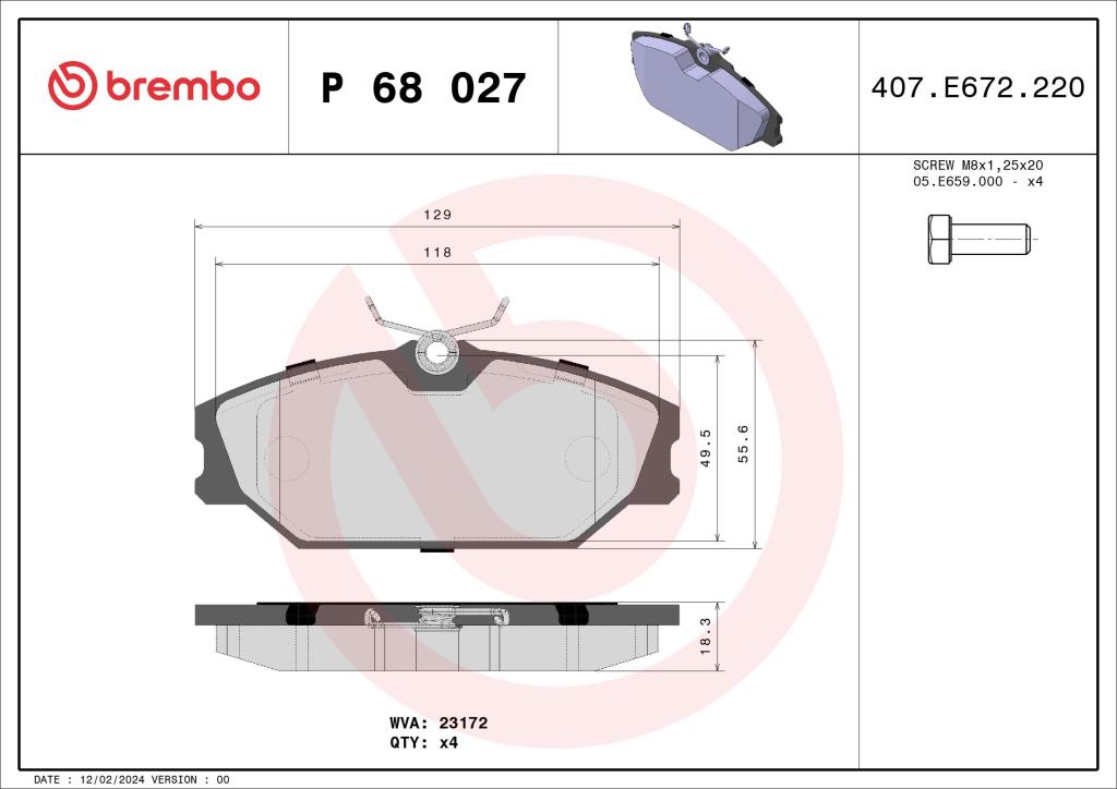 Jogo de 4 pastilhas de travão BREMBO ref. P 68 027