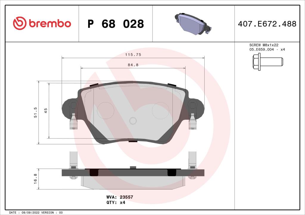 Jeu de 4 plaquettes de frein BREMBO ref. P 68 028