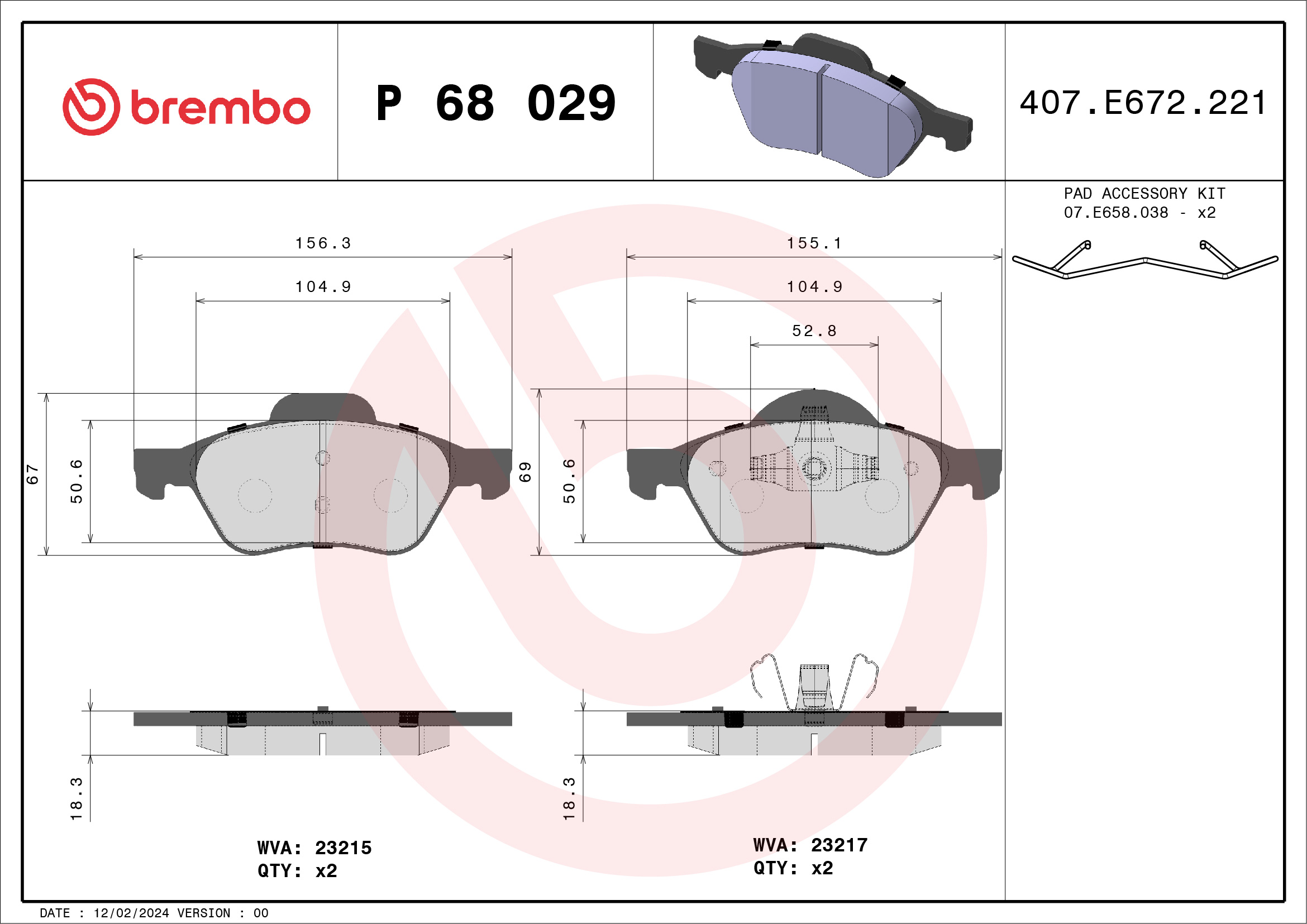 Jogo de 4 pastilhas de travão BREMBO ref. P 68 029