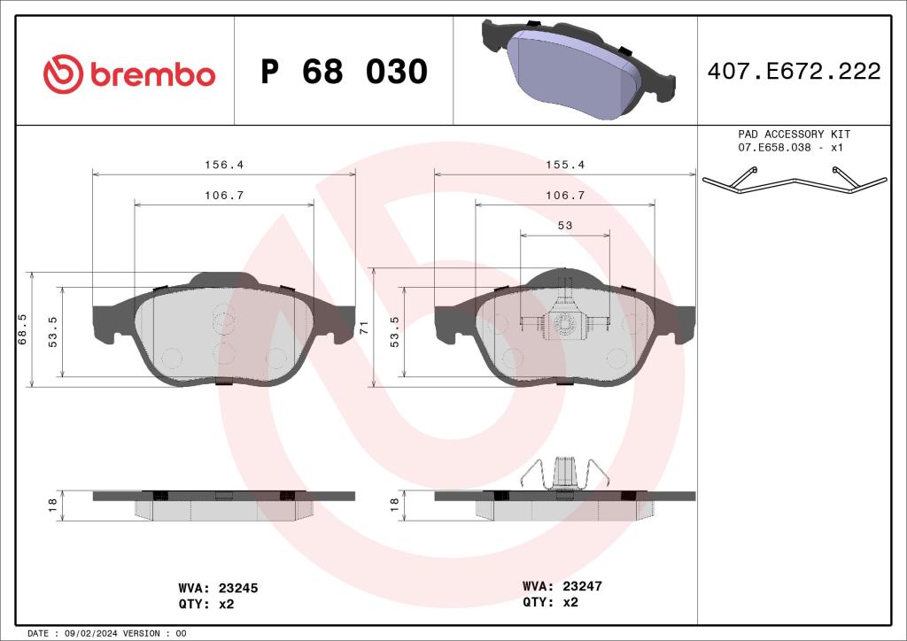 Juego de 4 pastillas de freno (Almohadilla de freno) BREMBO ref. P 68 030