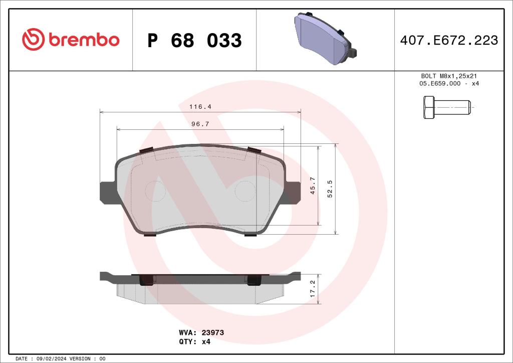 Jeu de 4 plaquettes de frein BREMBO ref. P 68 033