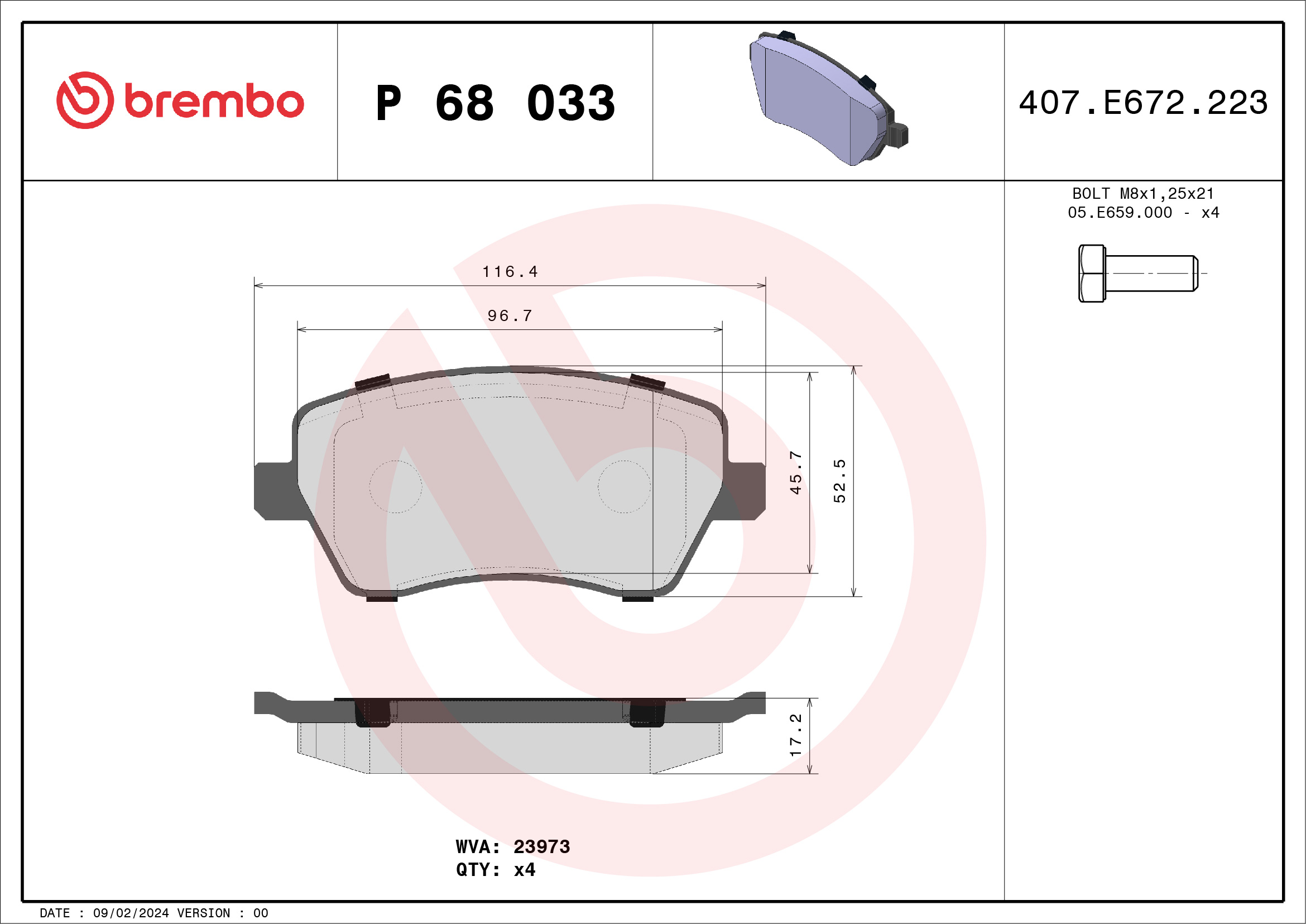 Jeu de 4 plaquettes de frein BREMBO ref. P 68 033