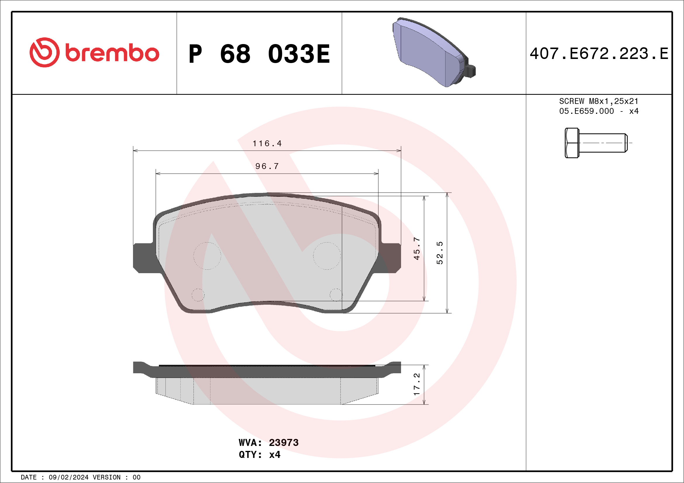 Jogo de 4 pastilhas de travão BREMBO ref. P 68 033E