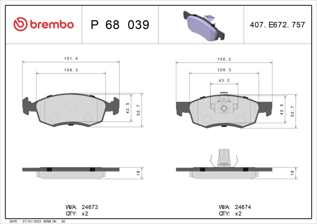 Jeu de 4 plaquettes de frein BREMBO ref. P 68 039