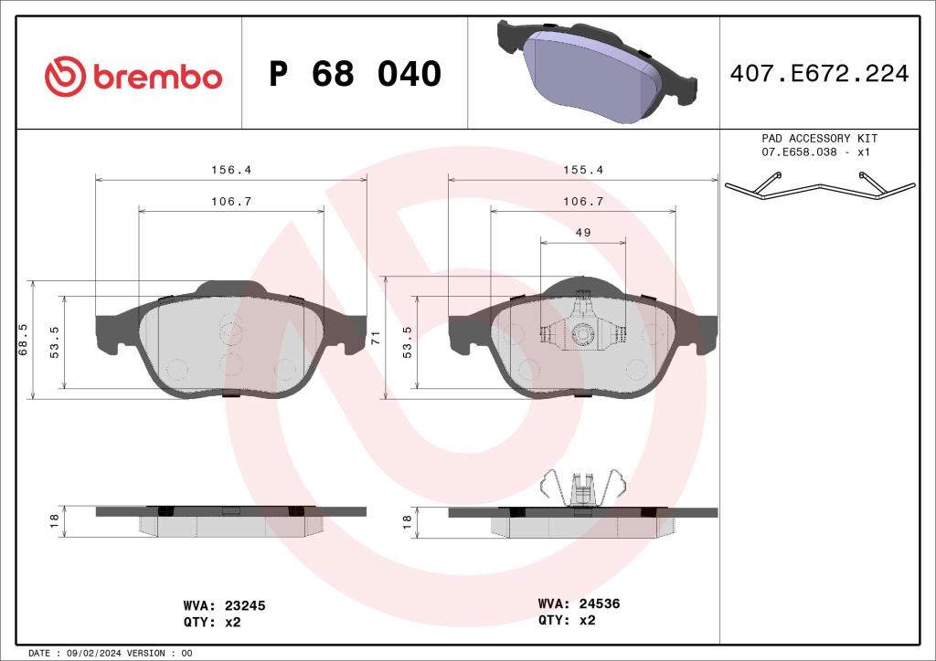 Jogo de 4 pastilhas de travão BREMBO ref. P 68 040