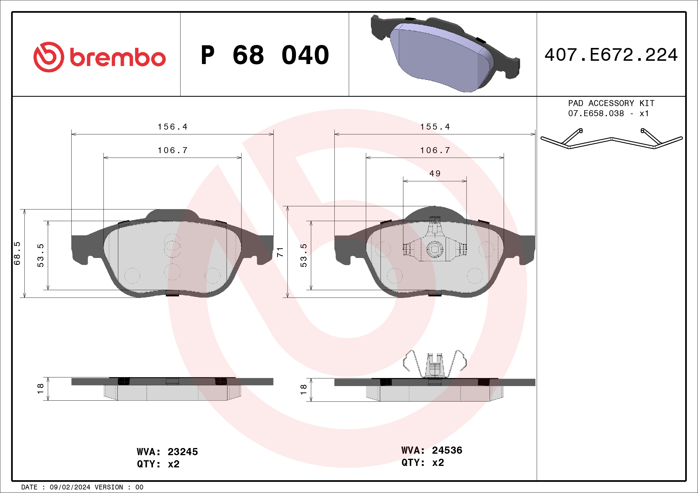Jogo de 4 pastilhas de travão BREMBO ref. P 68 040