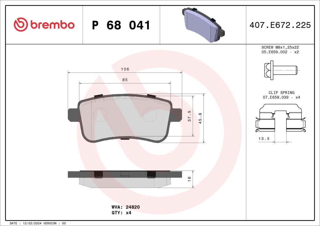 Jeu de 4 plaquettes de frein BREMBO ref. P 68 041