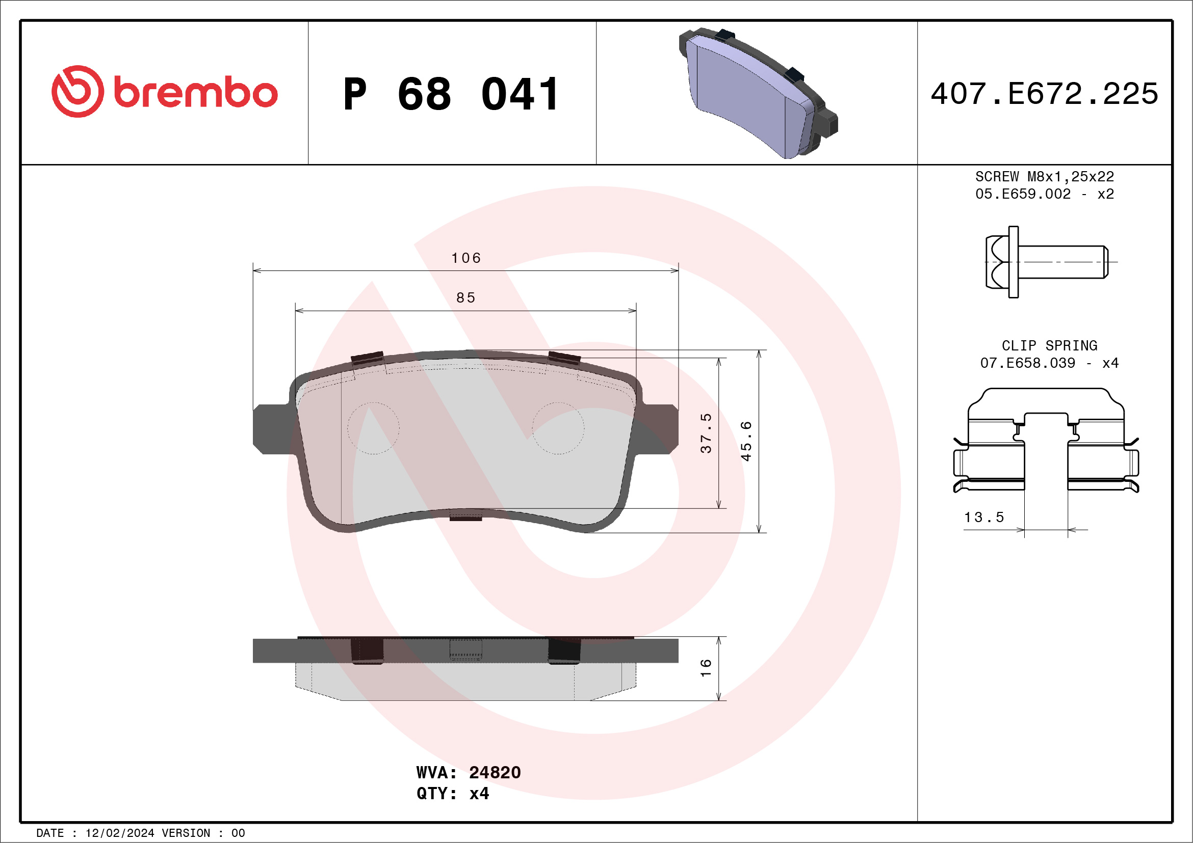 Jeu de 4 plaquettes de frein BREMBO ref. P 68 041