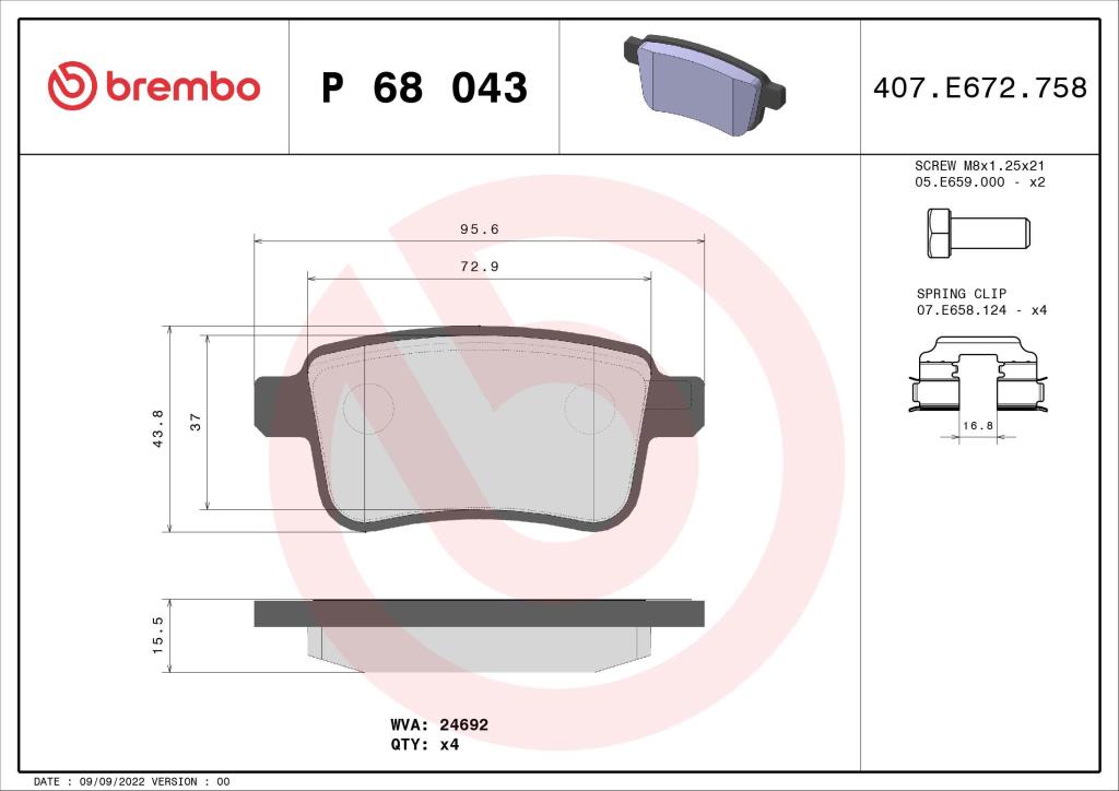 Jogo de 4 pastilhas de travão BREMBO ref. P 68 043
