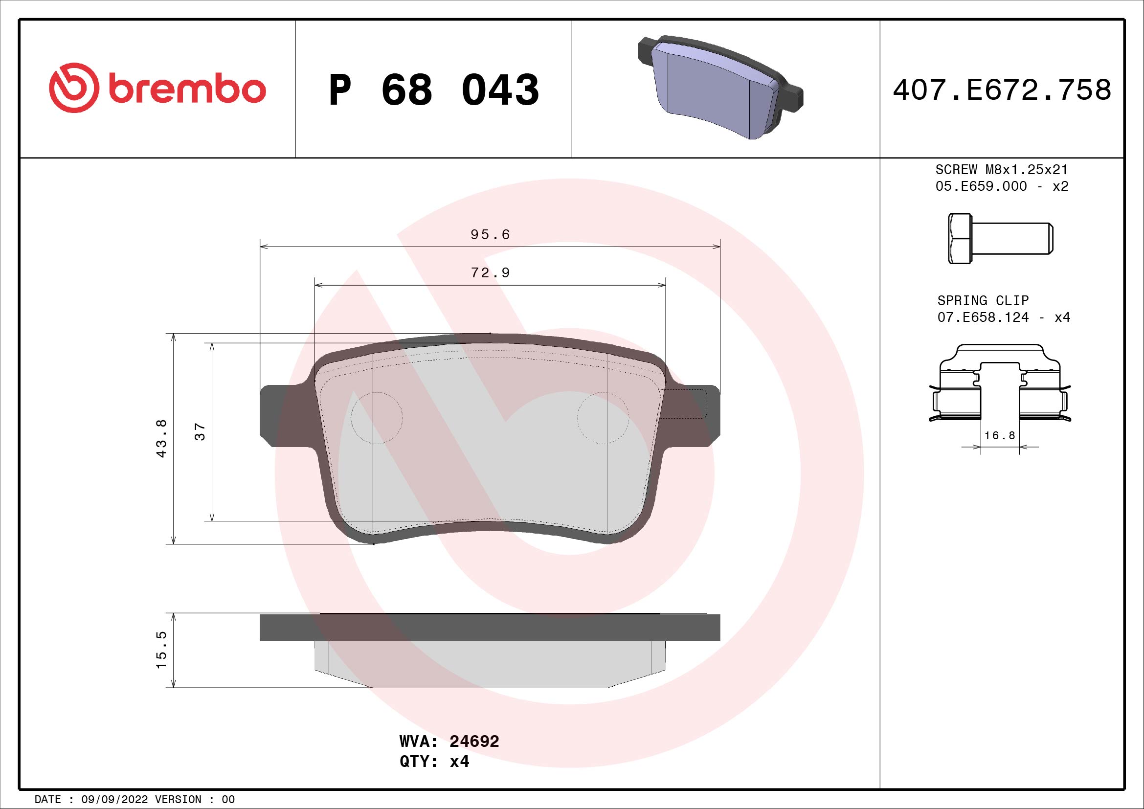 Jogo de 4 pastilhas de travão BREMBO ref. P 68 043
