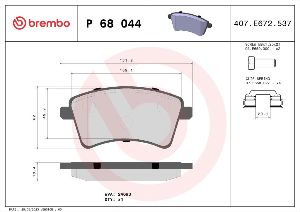 Jeu de 4 plaquettes de frein BREMBO ref. P 68 044