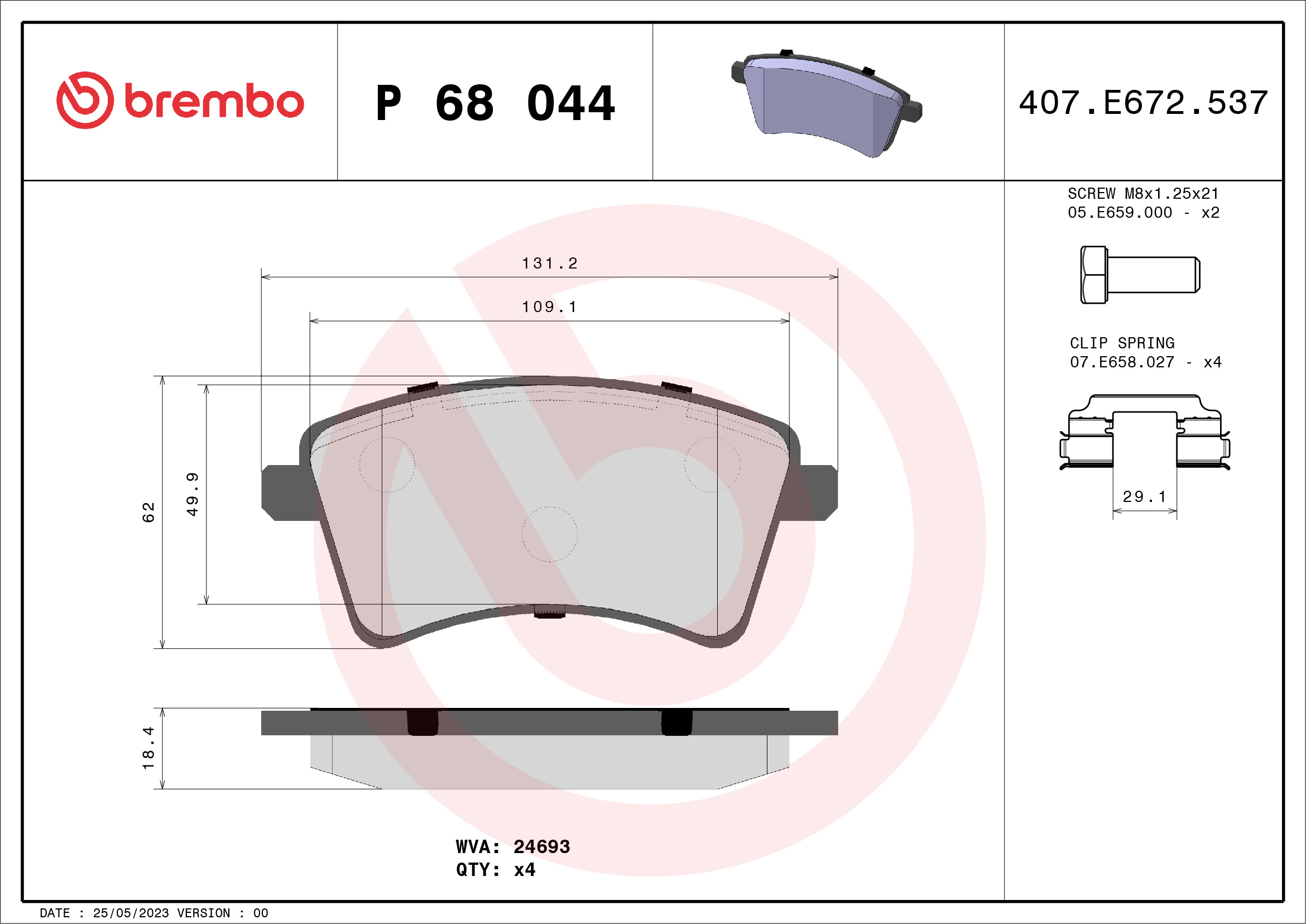Jeu de 4 plaquettes de frein BREMBO ref. P 68 044