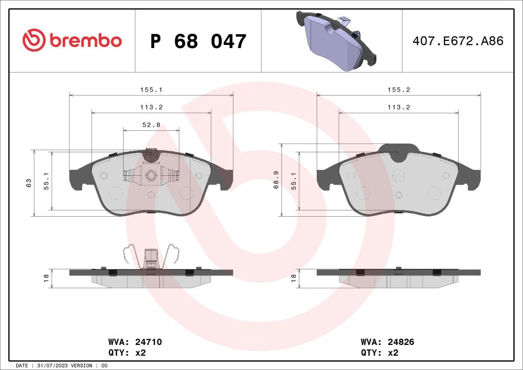 Jogo de 4 pastilhas de travão BREMBO ref. P 68 047