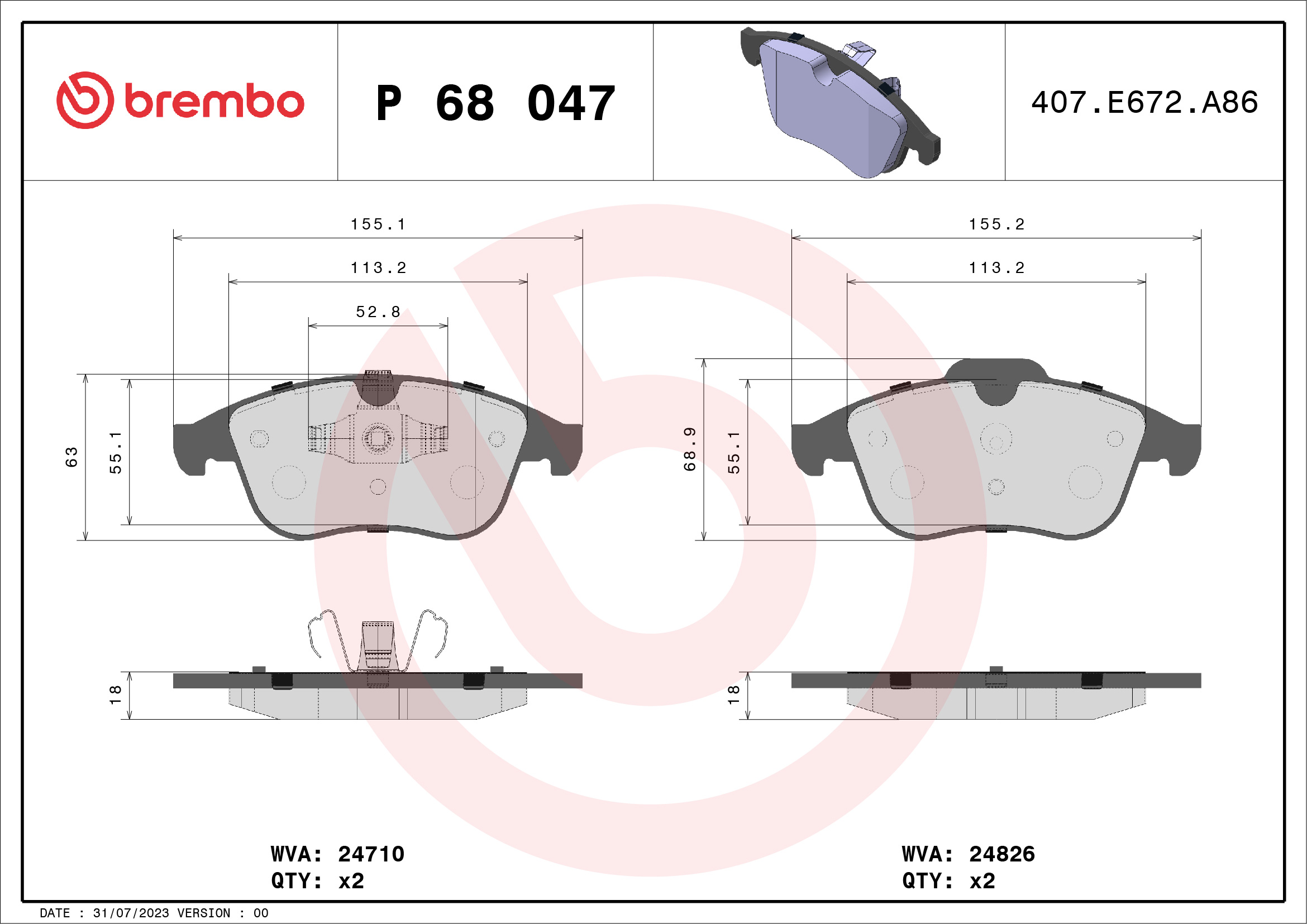 Jogo de 4 pastilhas de travão BREMBO ref. P 68 047