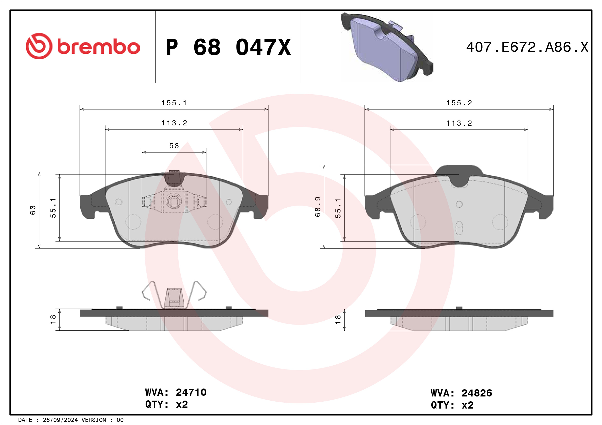 Jogo de 4 pastilhas de travão BREMBO ref. P 68 047X