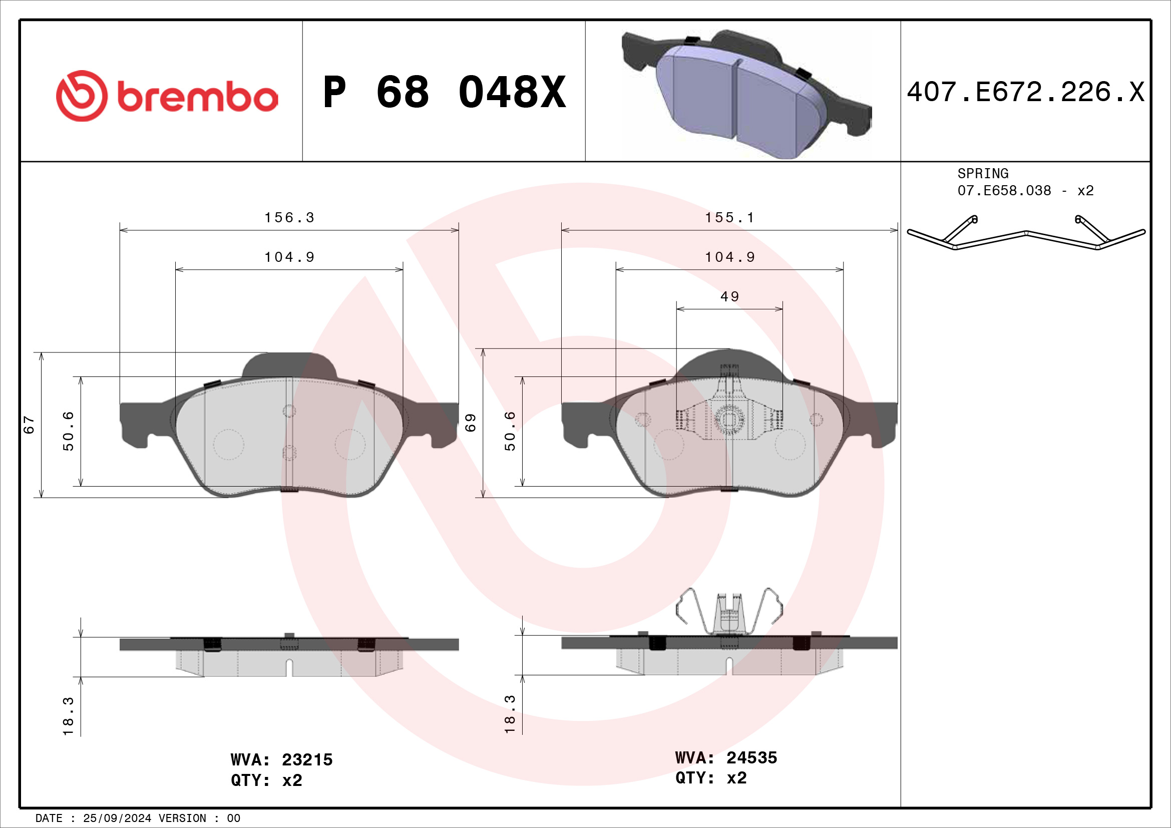Jeu de 4 plaquettes de frein BREMBO ref. P 68 048X