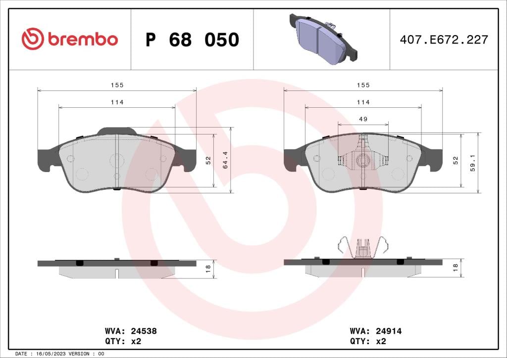 Jeu de 4 plaquettes de frein BREMBO ref. P 68 050