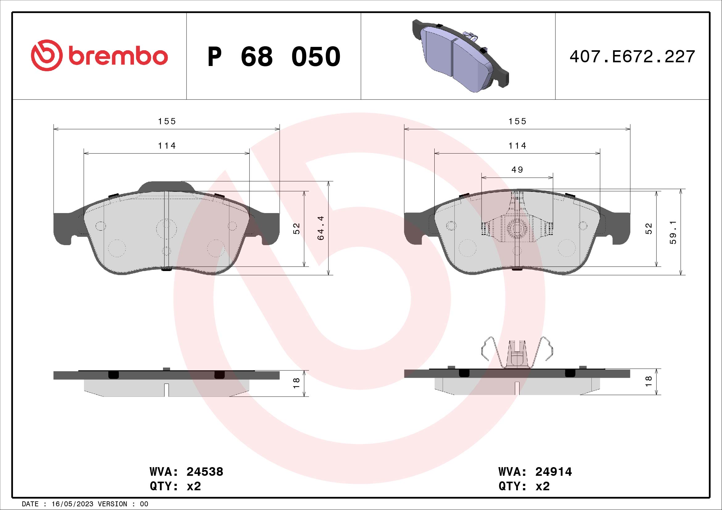 Jeu de 4 plaquettes de frein BREMBO ref. P 68 050