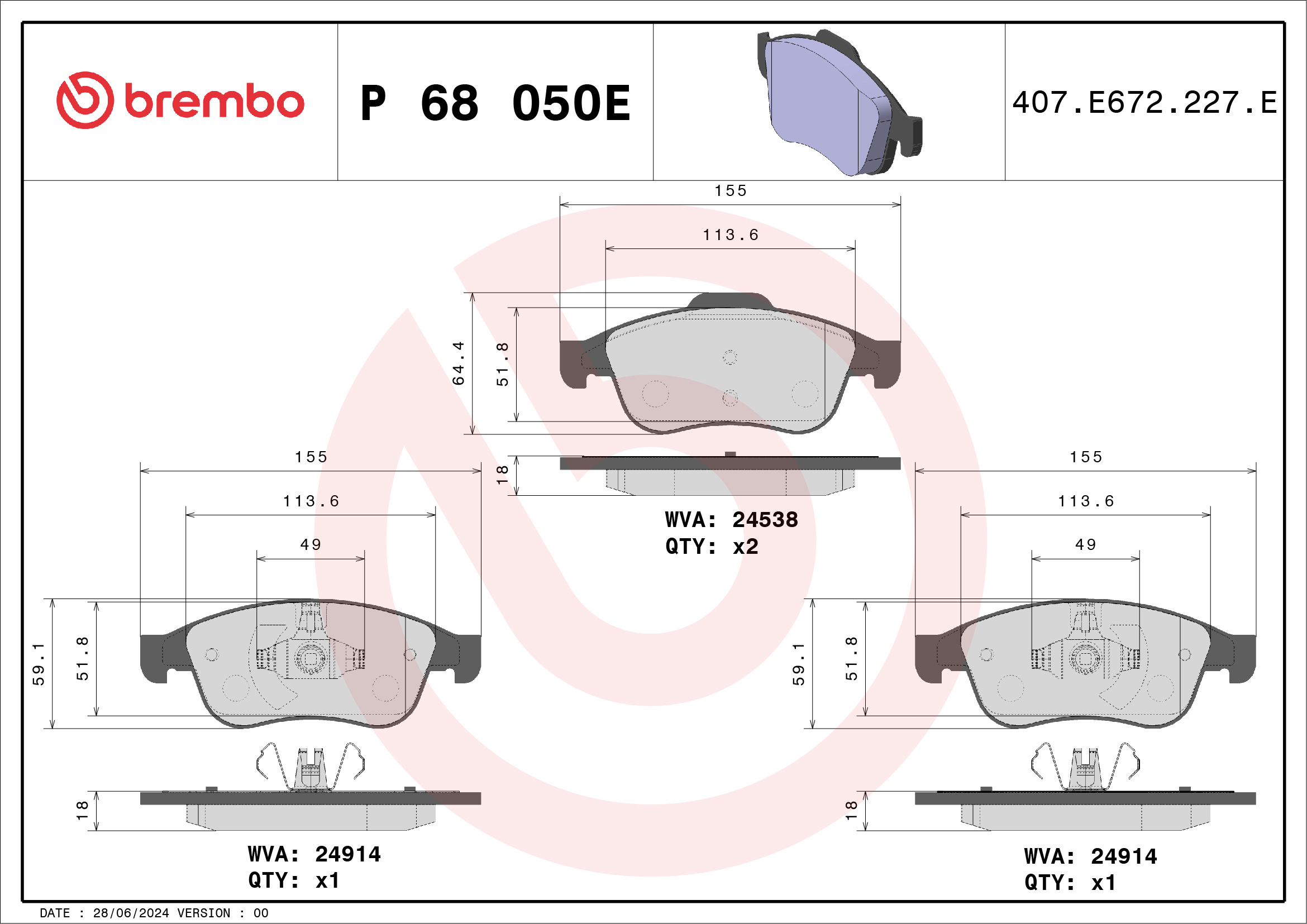 Jeu de 4 plaquettes de frein BREMBO ref. P 68 050E