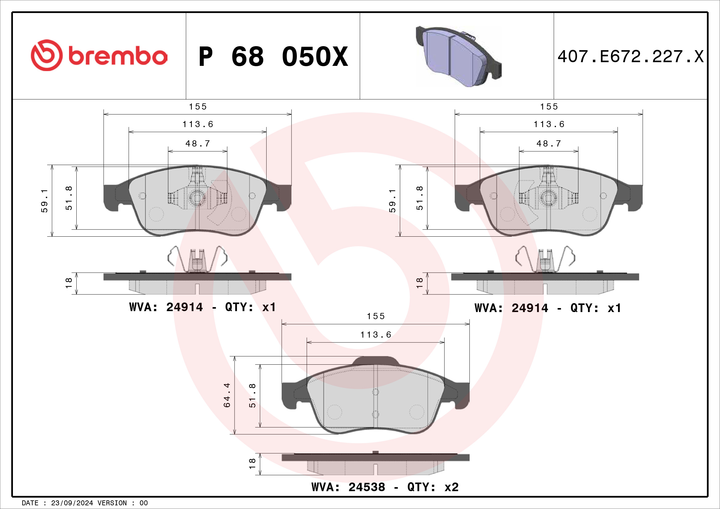 Jogo de 4 pastilhas de travão BREMBO ref. P 68 050X
