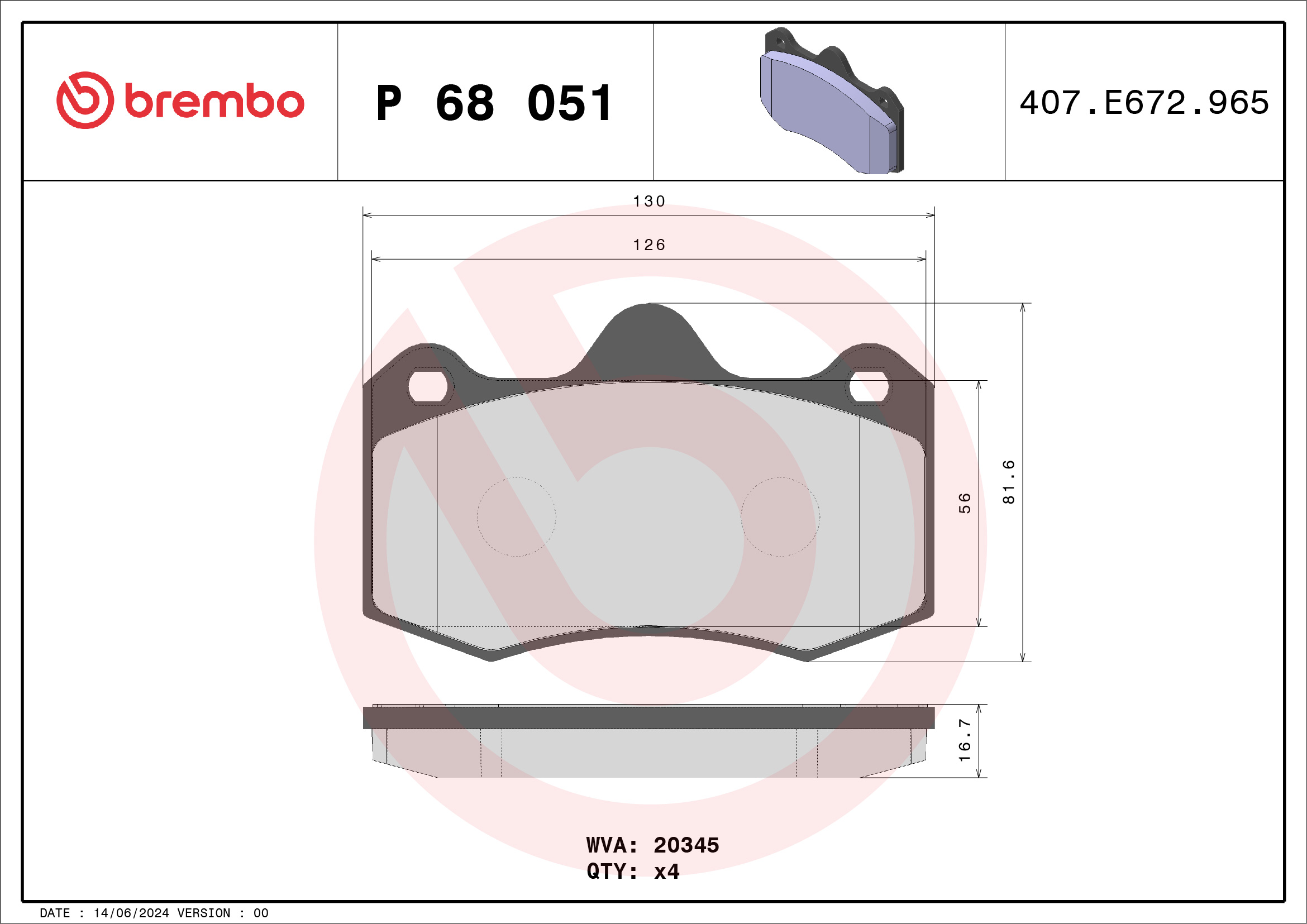 Jeu de 4 plaquettes de frein BREMBO ref. P 68 051