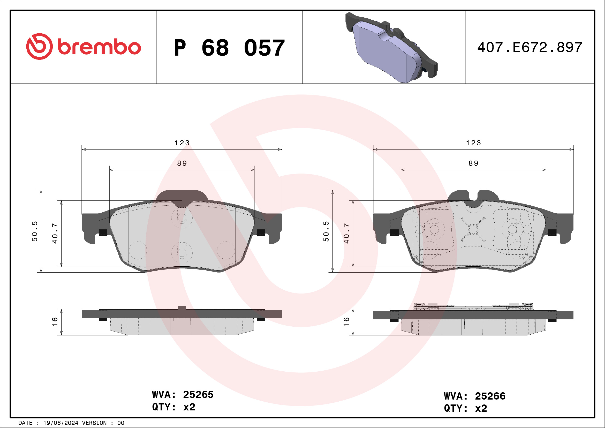 Jogo de 4 pastilhas de travão BREMBO ref. P 68 057