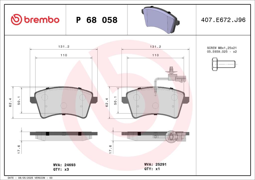 Jogo de 4 pastilhas de travão BREMBO ref. P 68 058
