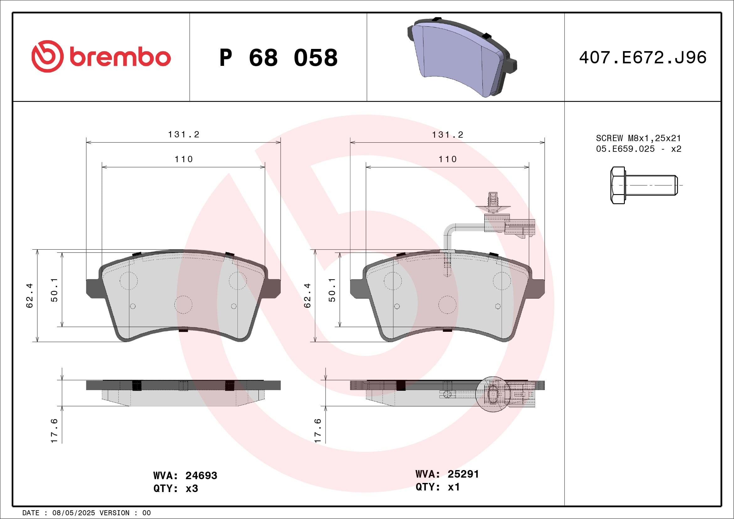 Jogo de 4 pastilhas de travão BREMBO ref. P 68 058