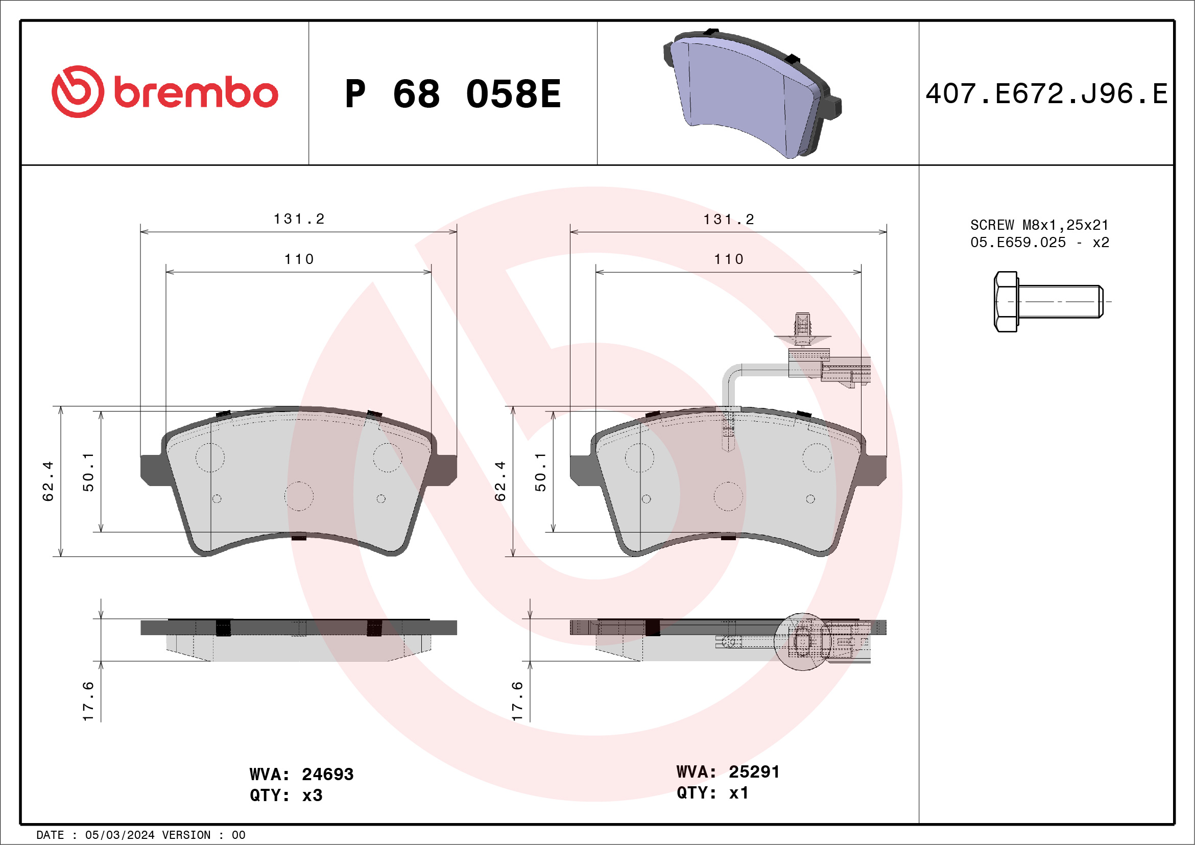 Jeu de 4 plaquettes de frein BREMBO ref. P 68 058E