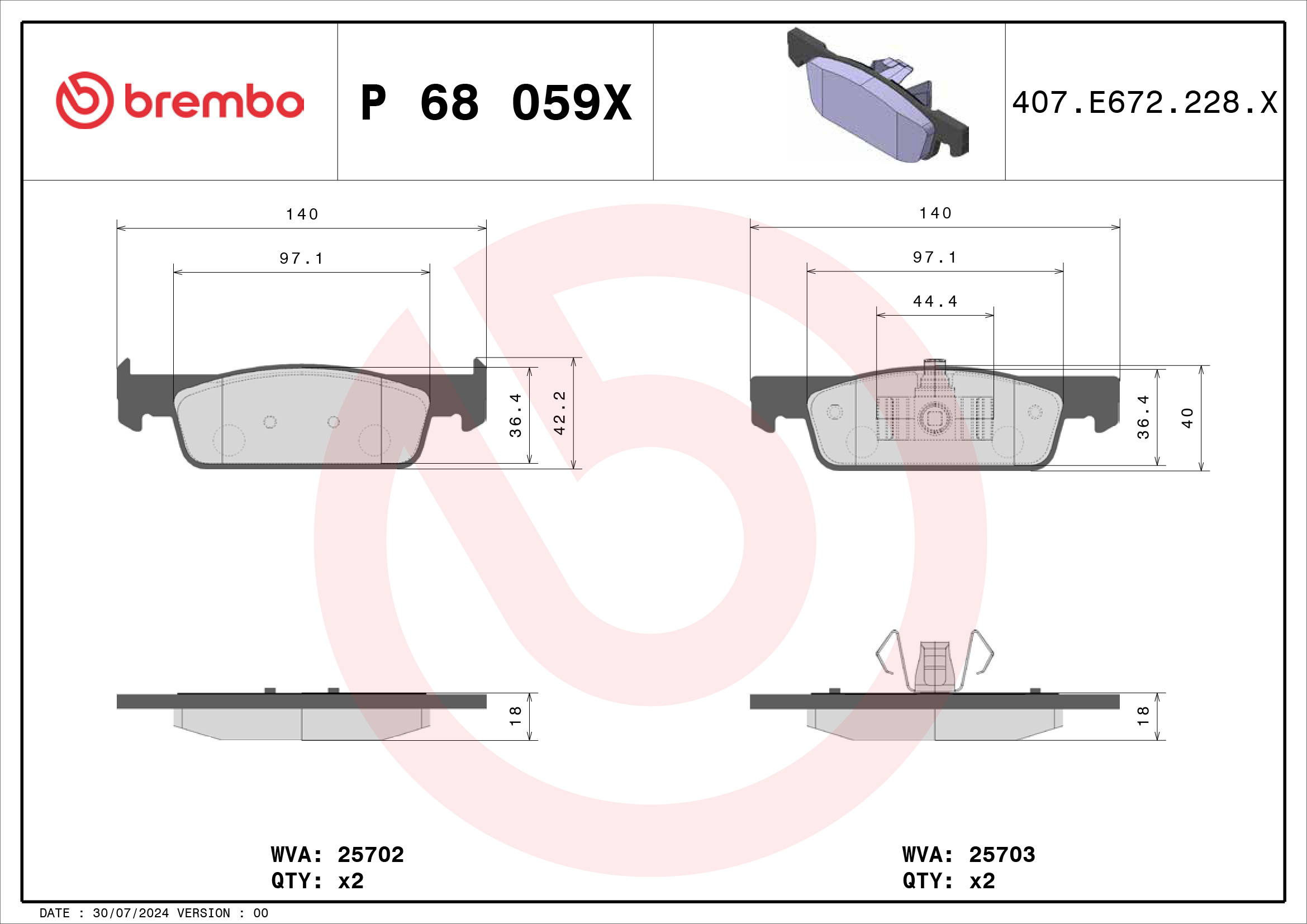 Jeu de 4 plaquettes de frein BREMBO ref. P 68 059X
