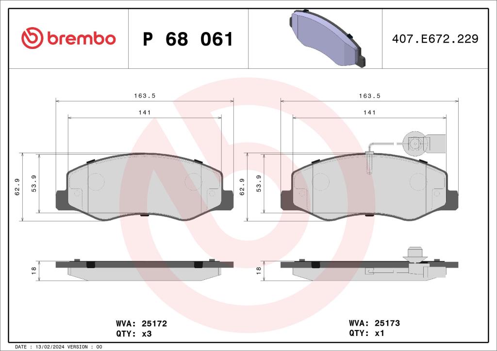 Jogo de 4 pastilhas de travão BREMBO ref. P 68 061