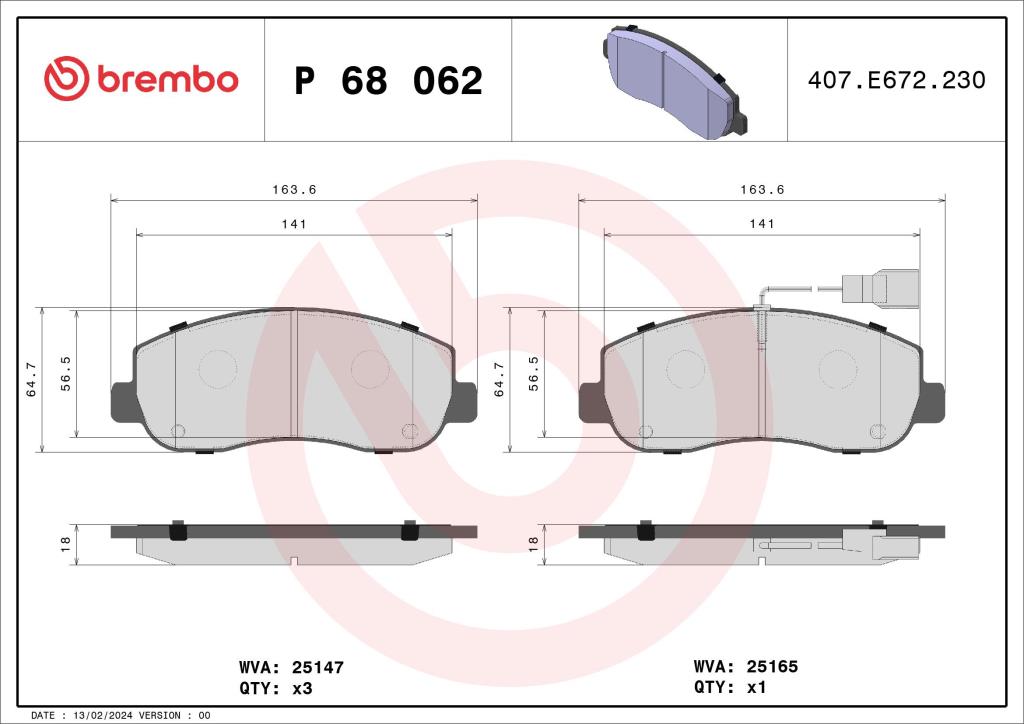 Jeu de 4 plaquettes de frein BREMBO ref. P 68 062