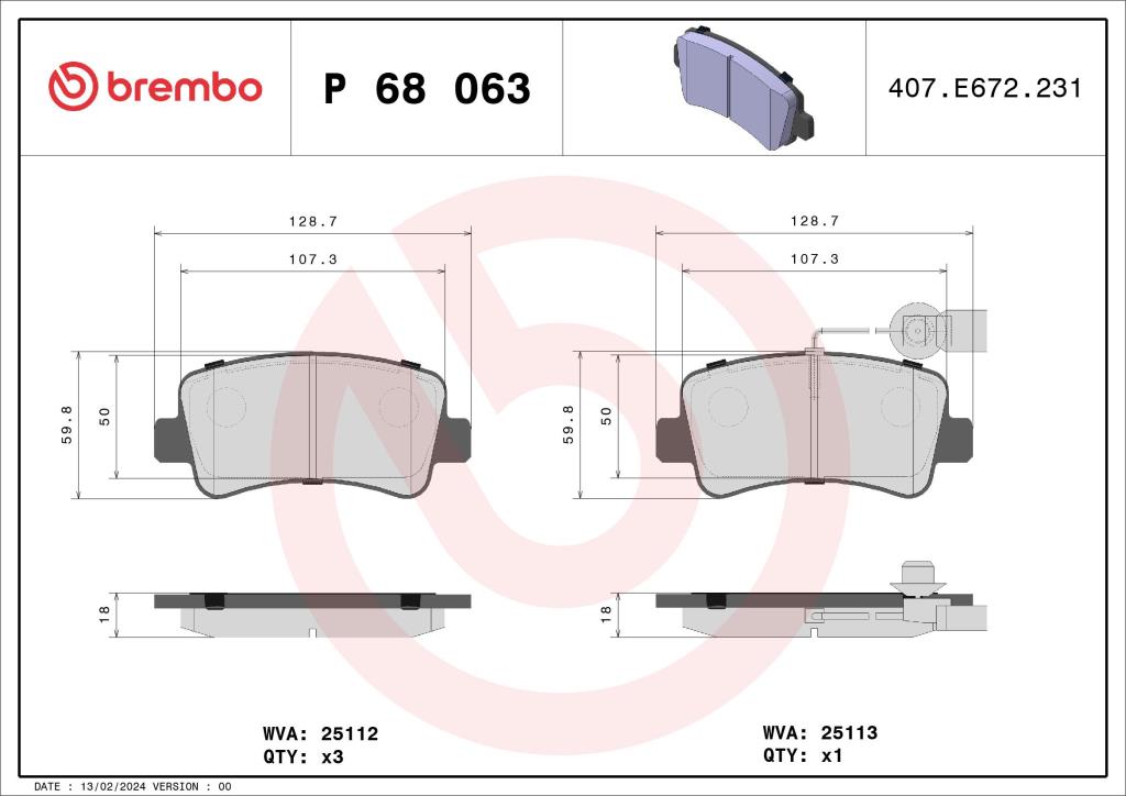 Jeu de 4 plaquettes de frein BREMBO ref. P 68 063
