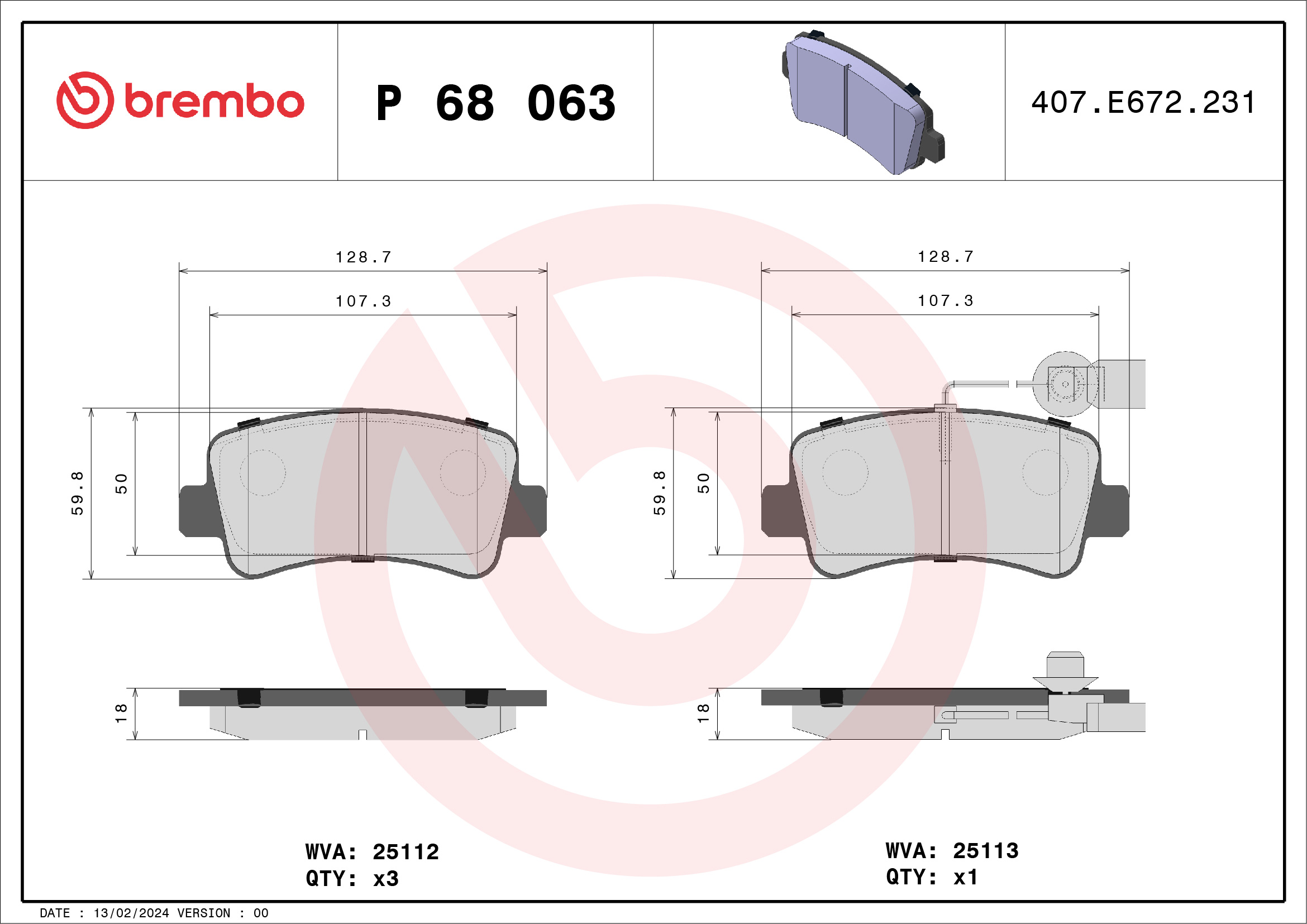 Jeu de 4 plaquettes de frein BREMBO ref. P 68 063